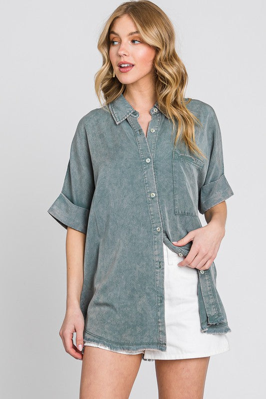 Green oversized mineral wash frayed hem button up top