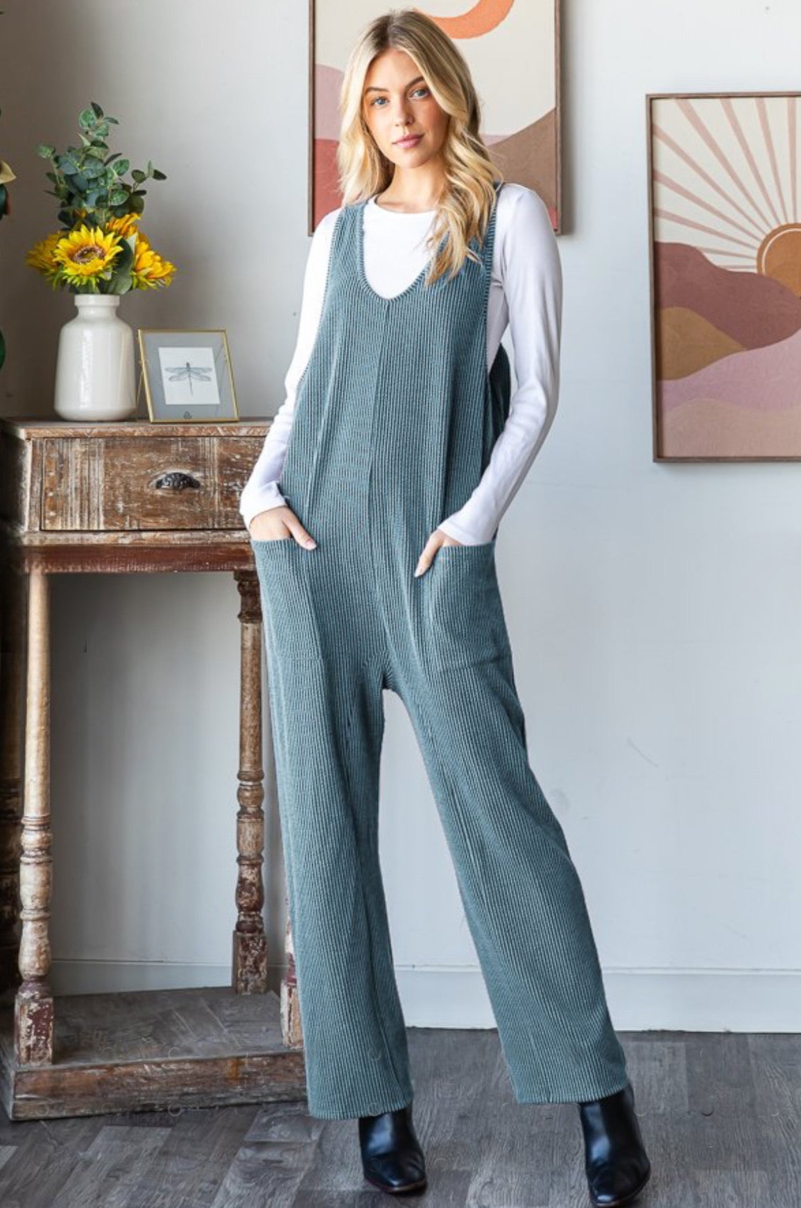 Olive ribbed jumpsuit Reg & Plus Size