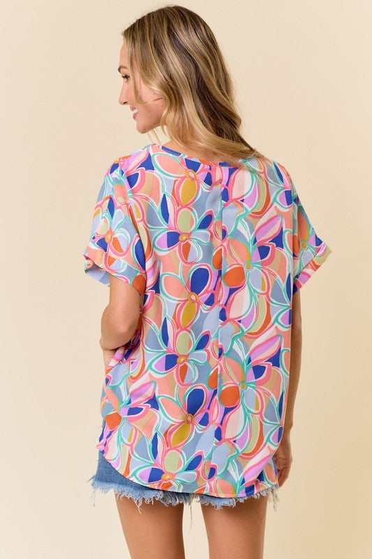 Floral pink, blue & orange top