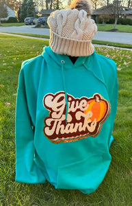 Turquoise Give Thanks chenille patch fall sweatshirt