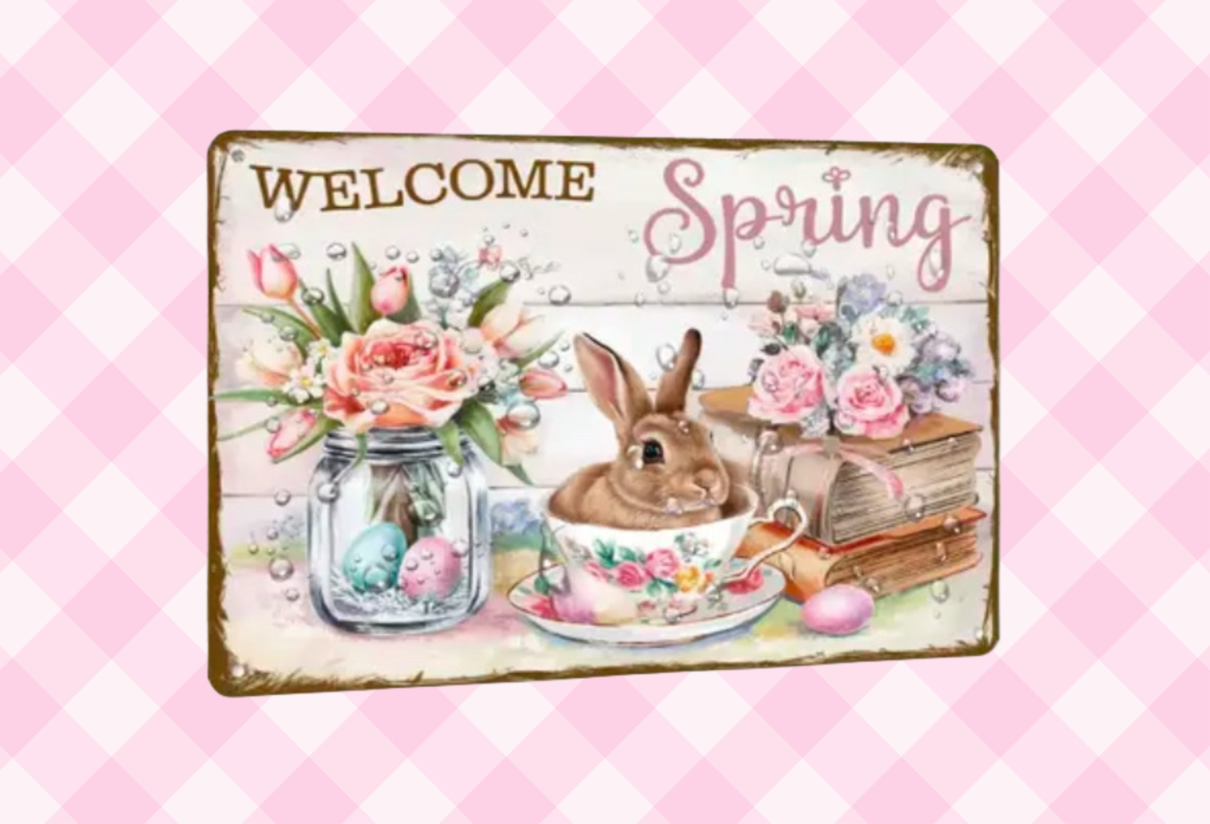 Shabby Chic Easter metal floral rabbit spring book and teacup sign