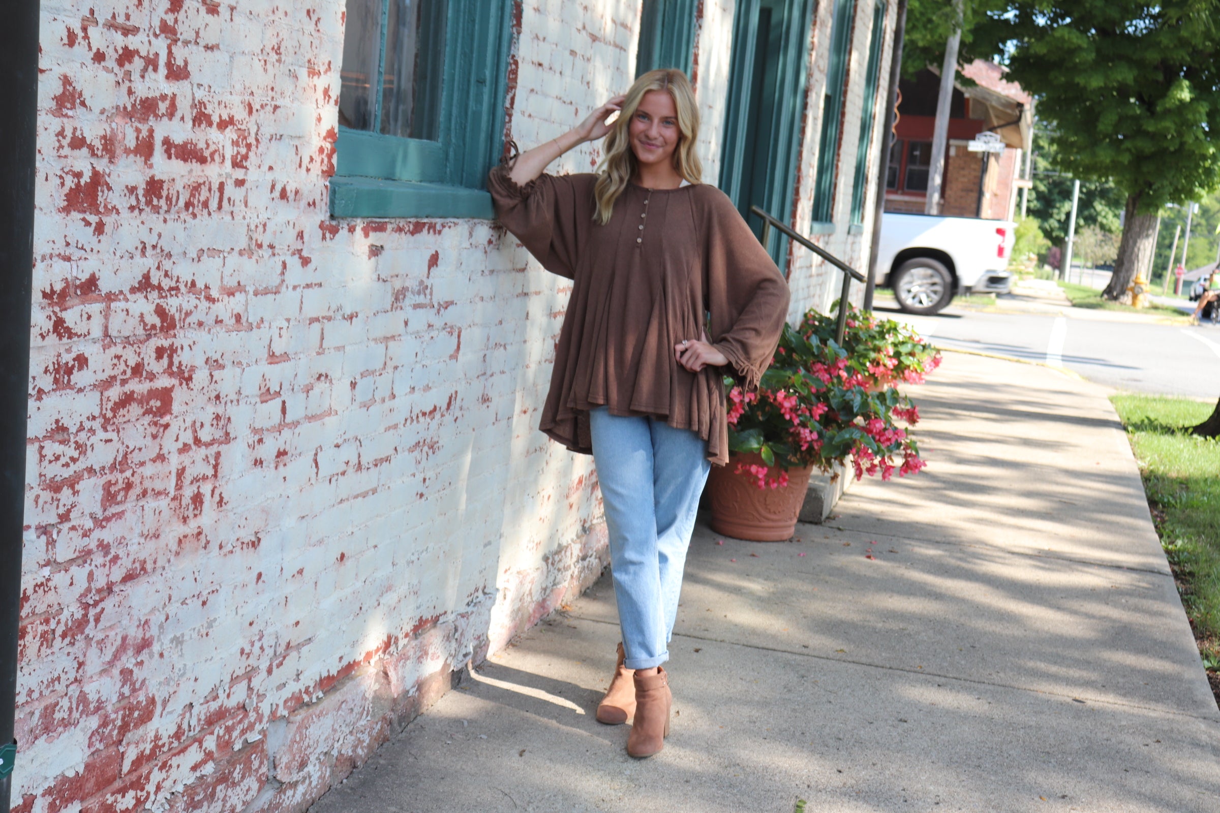 Oversized henley top with cinched sleeve cuffs, brown or green