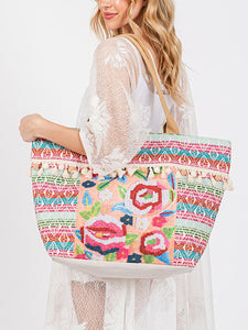 Boho floral fringe beach bag tote