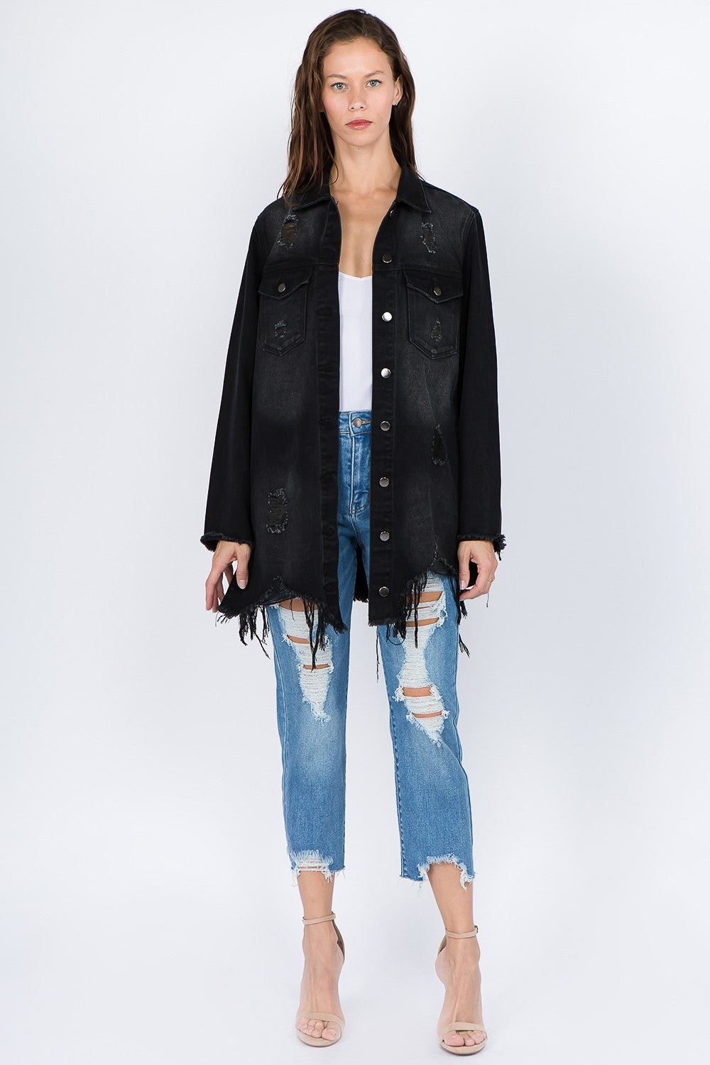 Regular & Plus Size Distressed denim long jean jacket Light blue or black