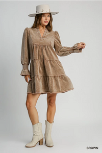 Umgee brown corduroy distressed hem tiered dress