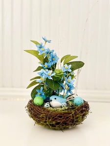 Spring Bluebird in mossy nest with eggs and florals decor by Heather Hill Bowtique