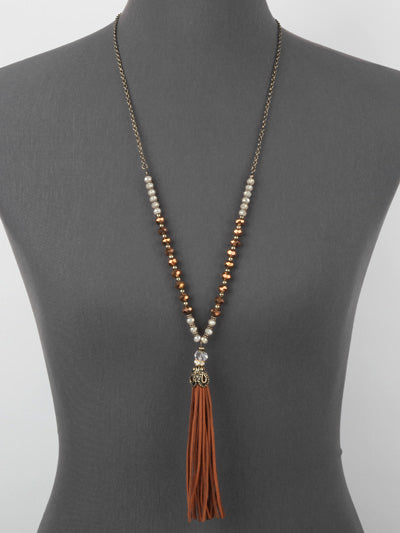 Teal & Brown, Copper & Cream or Black & Silver beaded necklace with olive green tassel