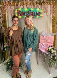 Oversized henley top with cinched sleeve cuffs, brown or green