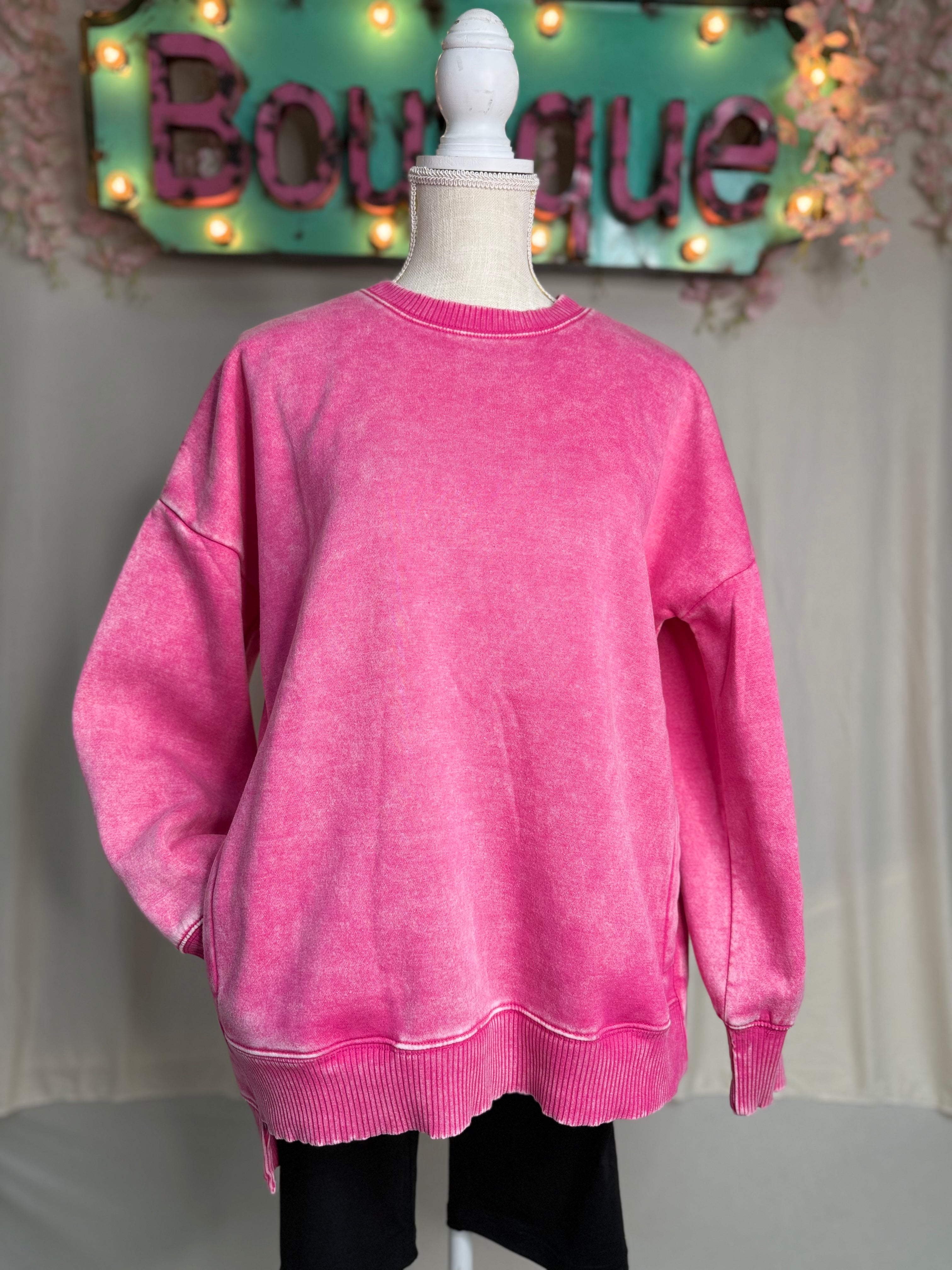 Zenana Pink distressed washed sweatshirt w/ pockets Reg & Plus Size