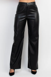 Black faux leather mid rise wide leg dress pants