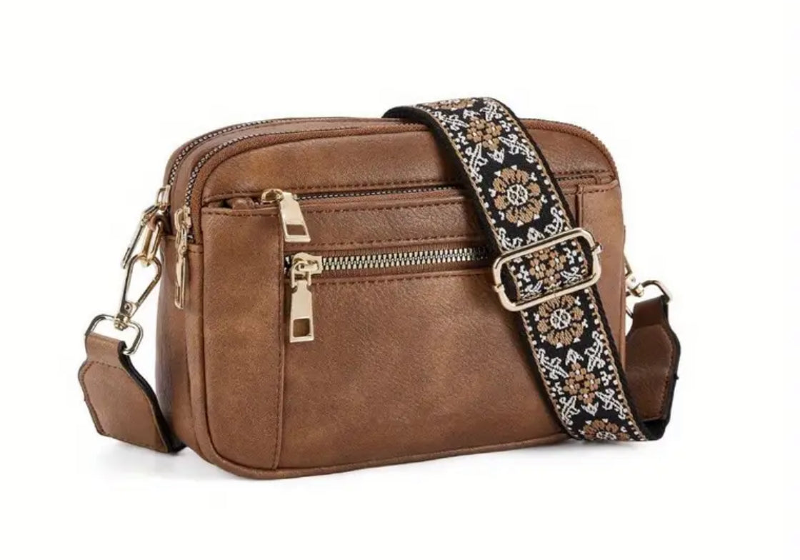Camel brown peace sign black & brown guitar strap crossbody handbag