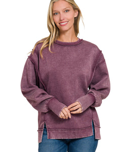 Zenana purple burgundy acid wash long sweatshirt