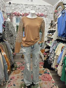 Bibi camel tan layering top with detailed floral sleeves