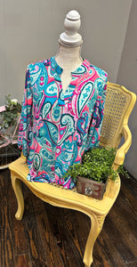 Dear Scarlett Regular & Plus Size dressy top with blue, teal and pink paisley  design 1/4 sleeve