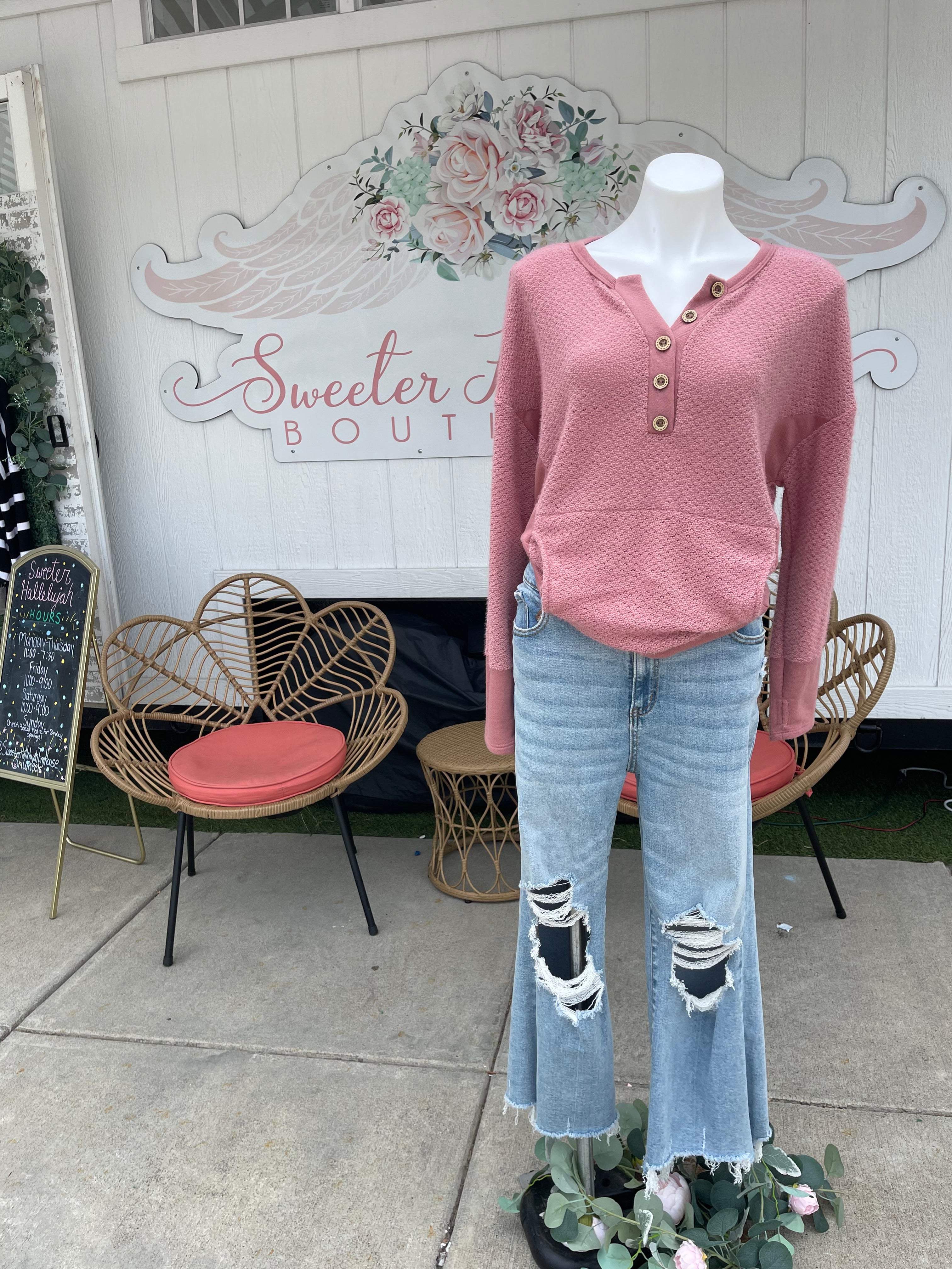 Bibi dusty rose pink kangaroo pocket textured top