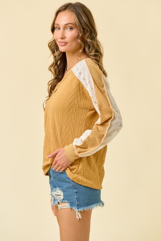Mustard ribbed fall top with lace sleeve detail