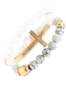 Christian cross natural stone stack layering bracelet