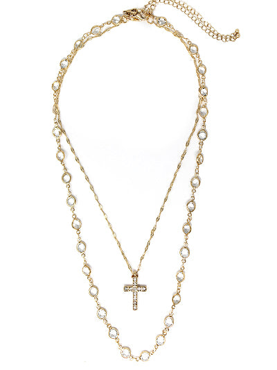 Gold or Silver crystal bead & rhinestone cross layered necklace