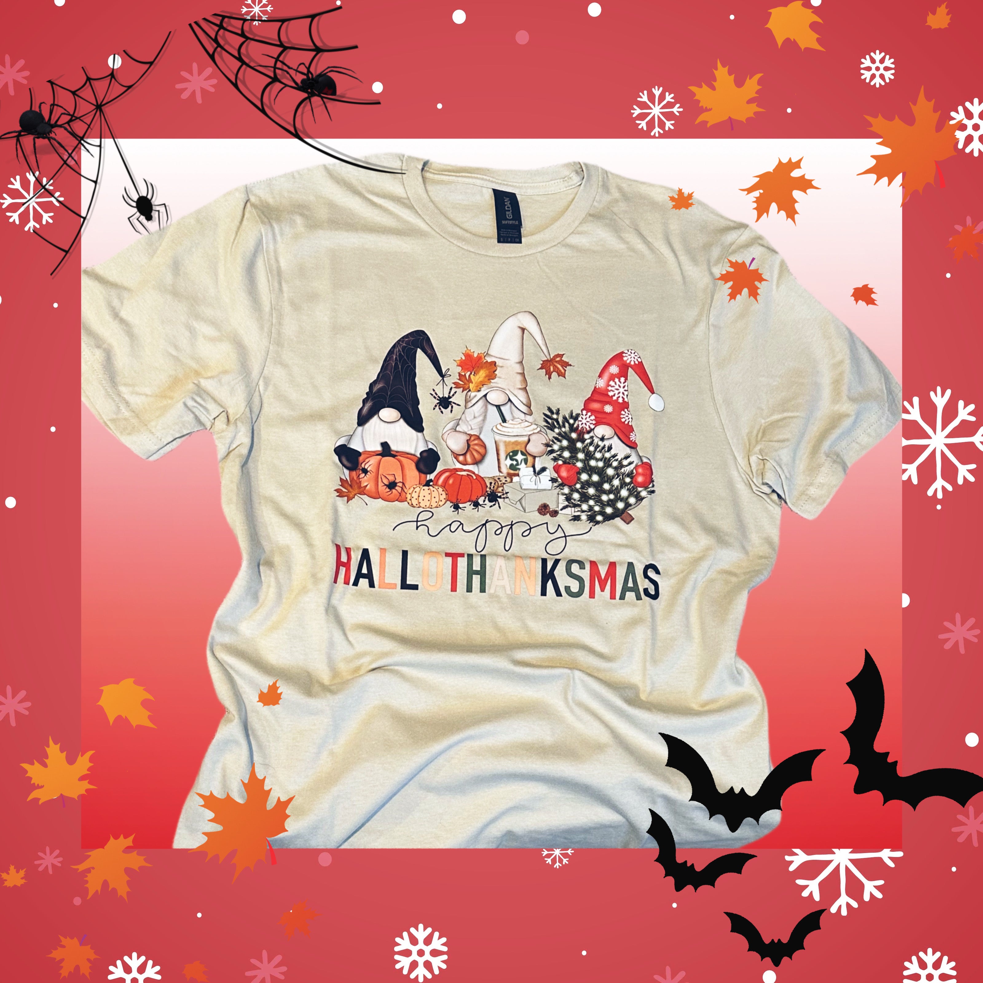 HalloThanksMas Holiday Halloween Thanksgiving Christmas gnome T-shirt