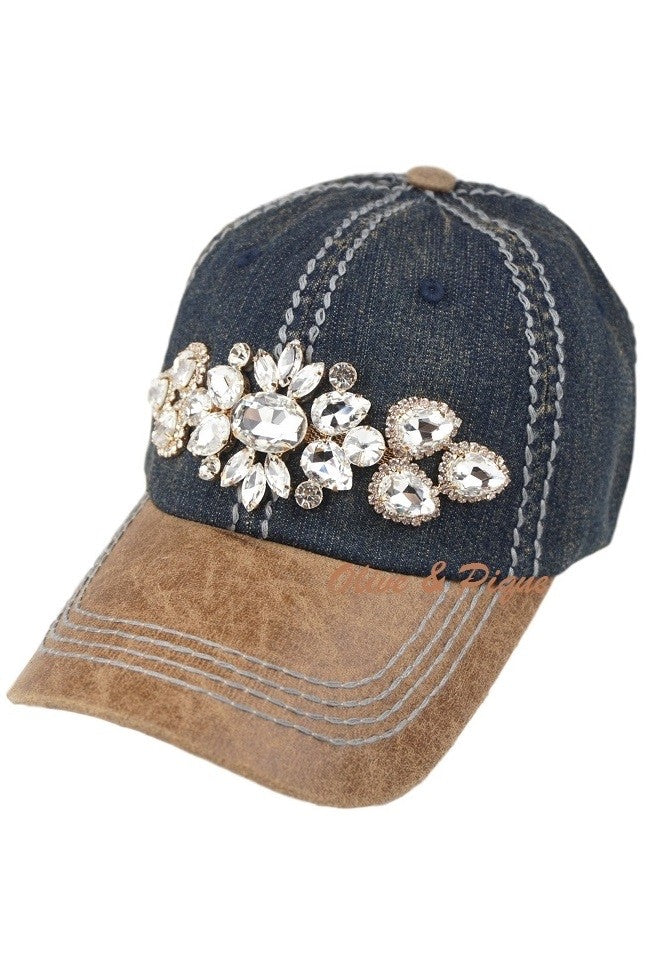 Denim and leather bling rhinestone hat by Olive & Pique