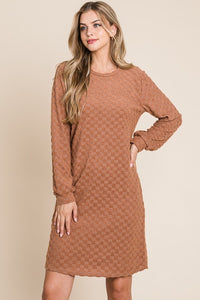 Checkered textured camel tan fall dress