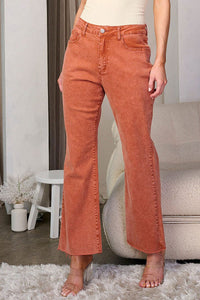 Fall rust colored wide leg jeans with frayed bottom detail