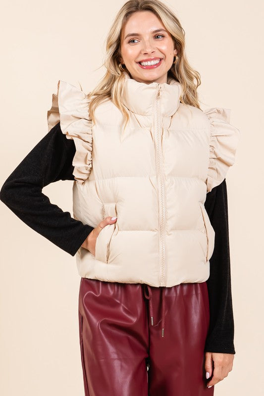 Plus Size cream ruffle sleeve puffer vest