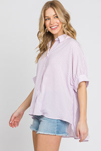 Lavender striped oversized puff sleeve button up dress shirt