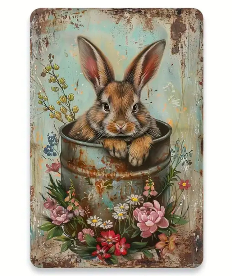 Shabby Chic metal floral rabbit spring sign