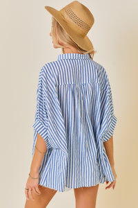 Navy & white striped oversize button down spring top by day + moon