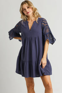 Umgee navy lace sleeve linen tiered dress with side pockets