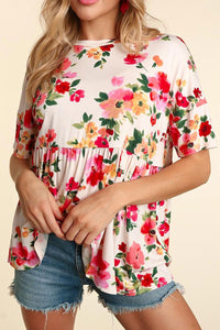 Cream floral short sleeve babydoll top Reg. & Plus Sizs