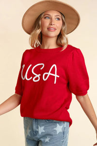 Red USA short puff sleeve sweater Plus Size & Regular