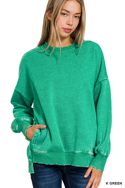 Zenana Kelly green acid wash pocket long sweatshirt w/ pockets