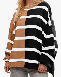 Black and tan striped balloon sleeve sweater