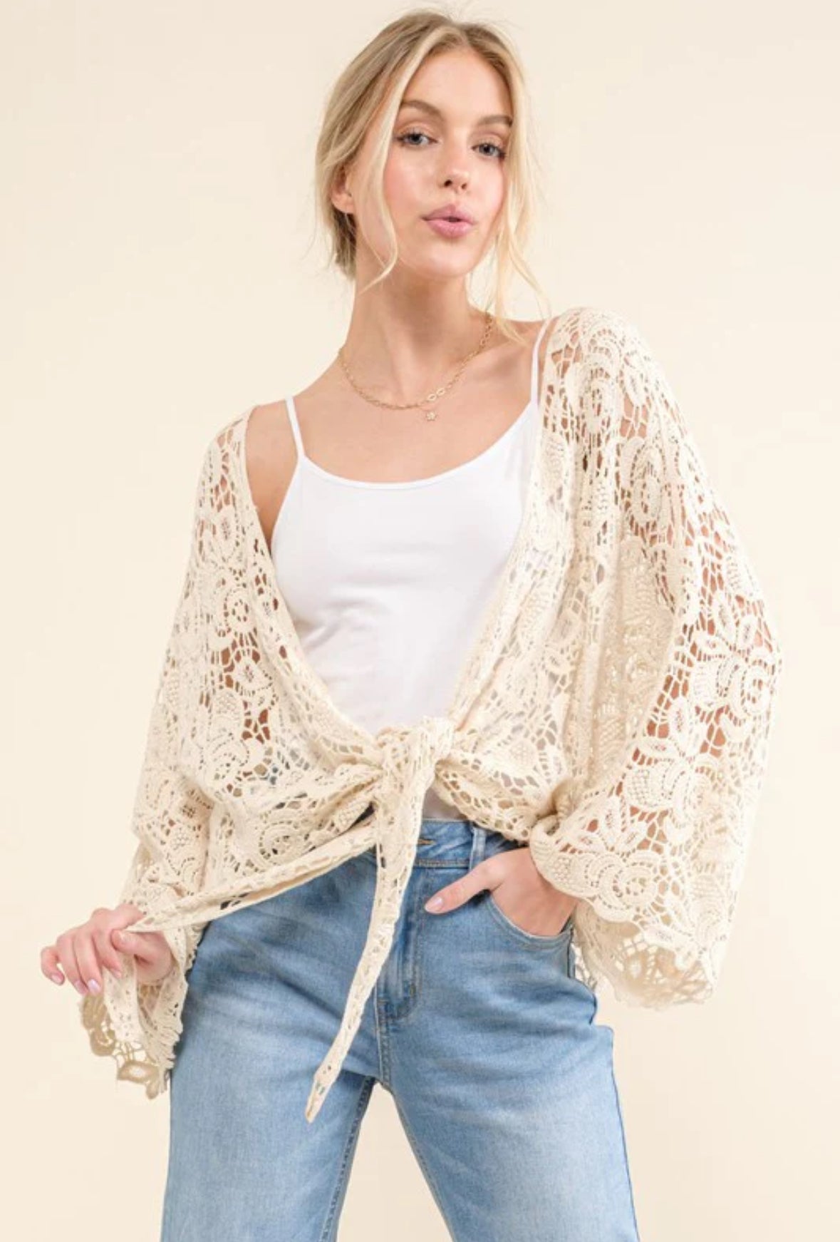 Ivory crochet tie front cardigan Reg & Plus Size