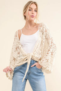 Ivory crochet tie front cardigan Reg & Plus Size