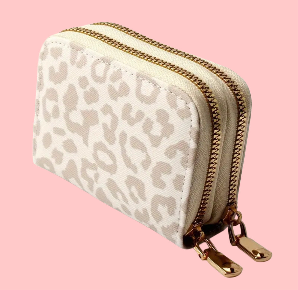 White and tan leopard double zipper wallet