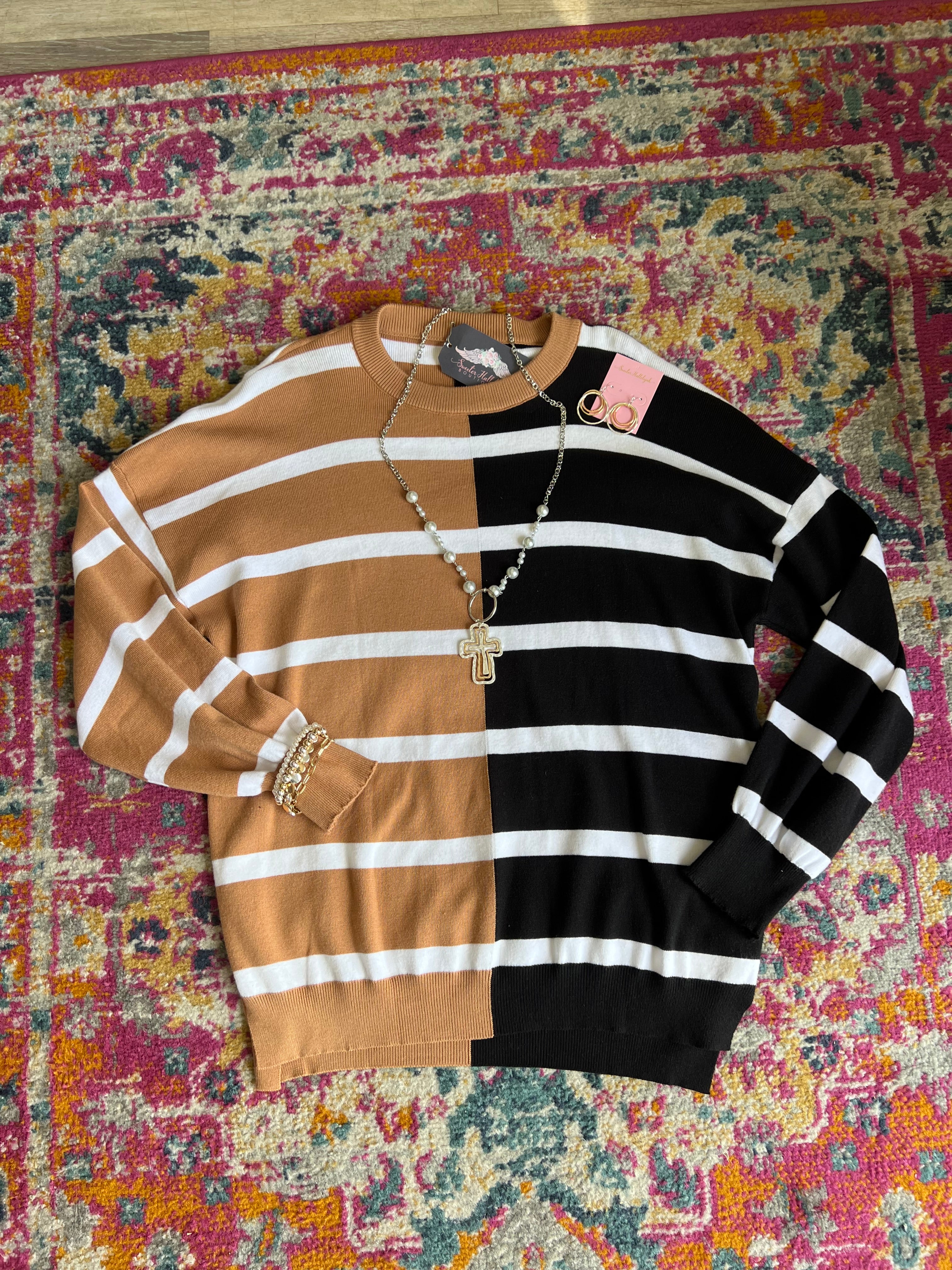 Black and tan striped balloon sleeve sweater