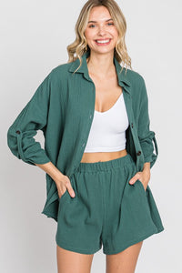 Green cotton button down shirt & shorts outfit set