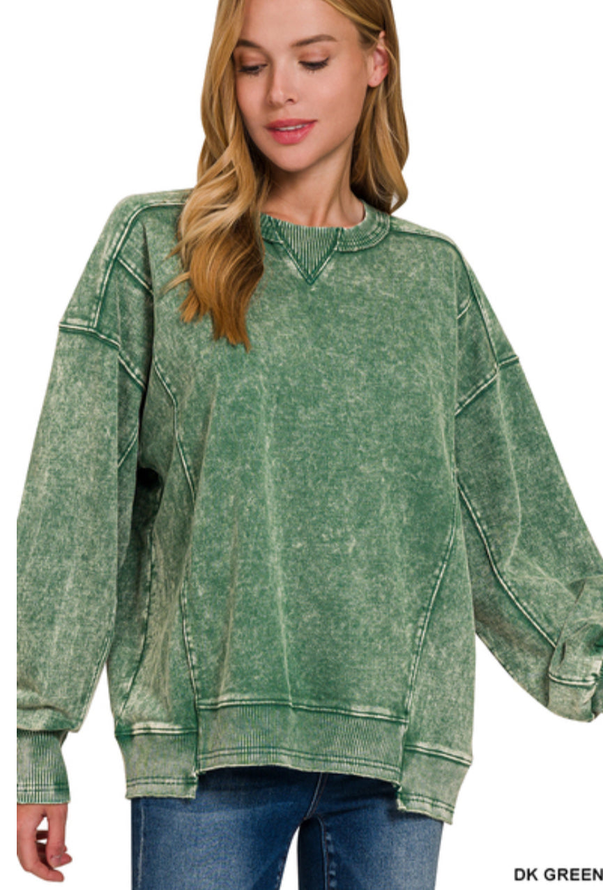 Zenana dark green acid wash pull over sweatshirt