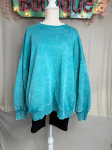 Zenana Plus Size teal distressed washed sweatshirt w/ pockets