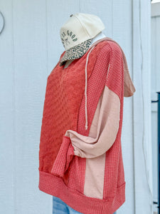 Bibi rust waffle knit checkered hoodie