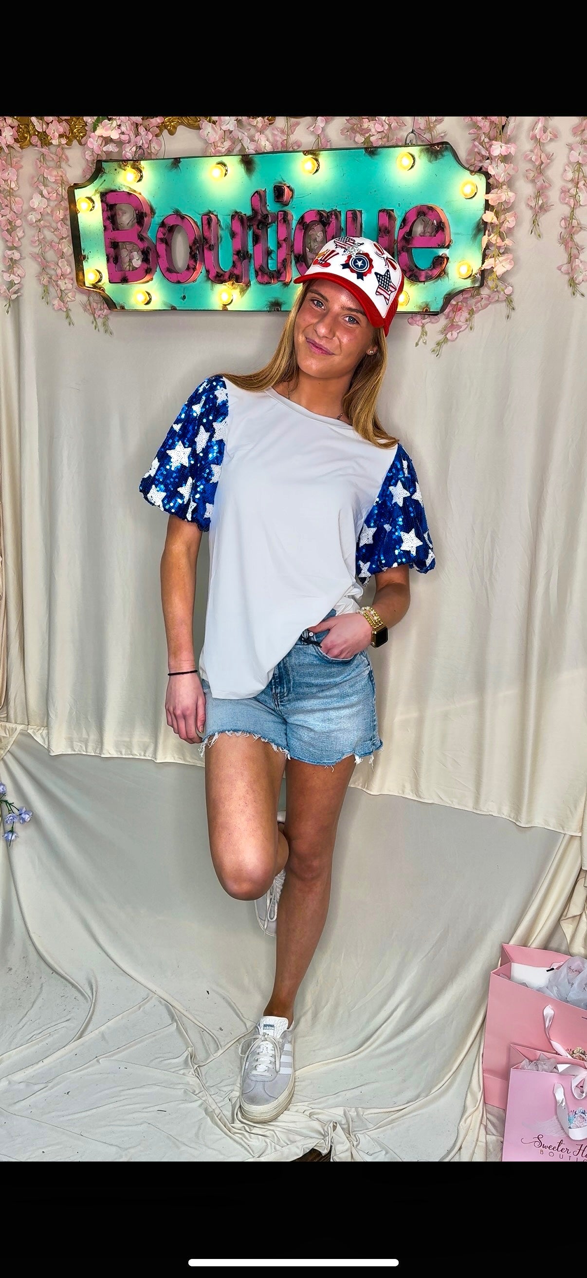 Royal blue stars sequin puff sleeve top