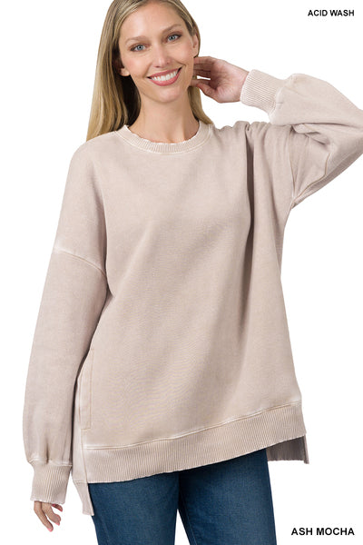 Zenana Ash mocha acid wash pocket long sweatshirt