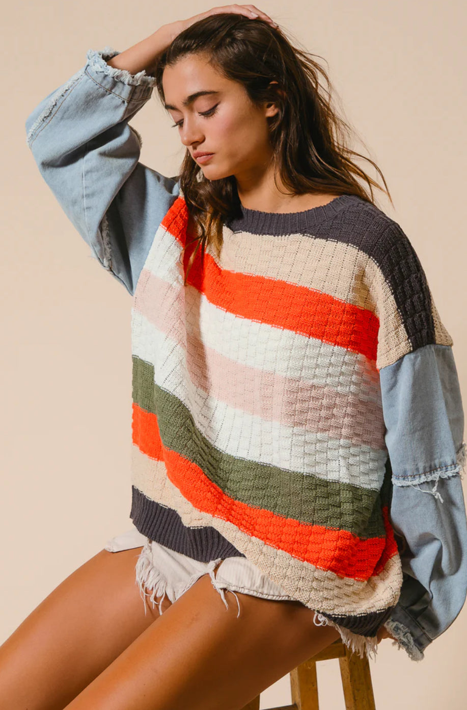 Bibi multi striped denim sleeve fall sweater