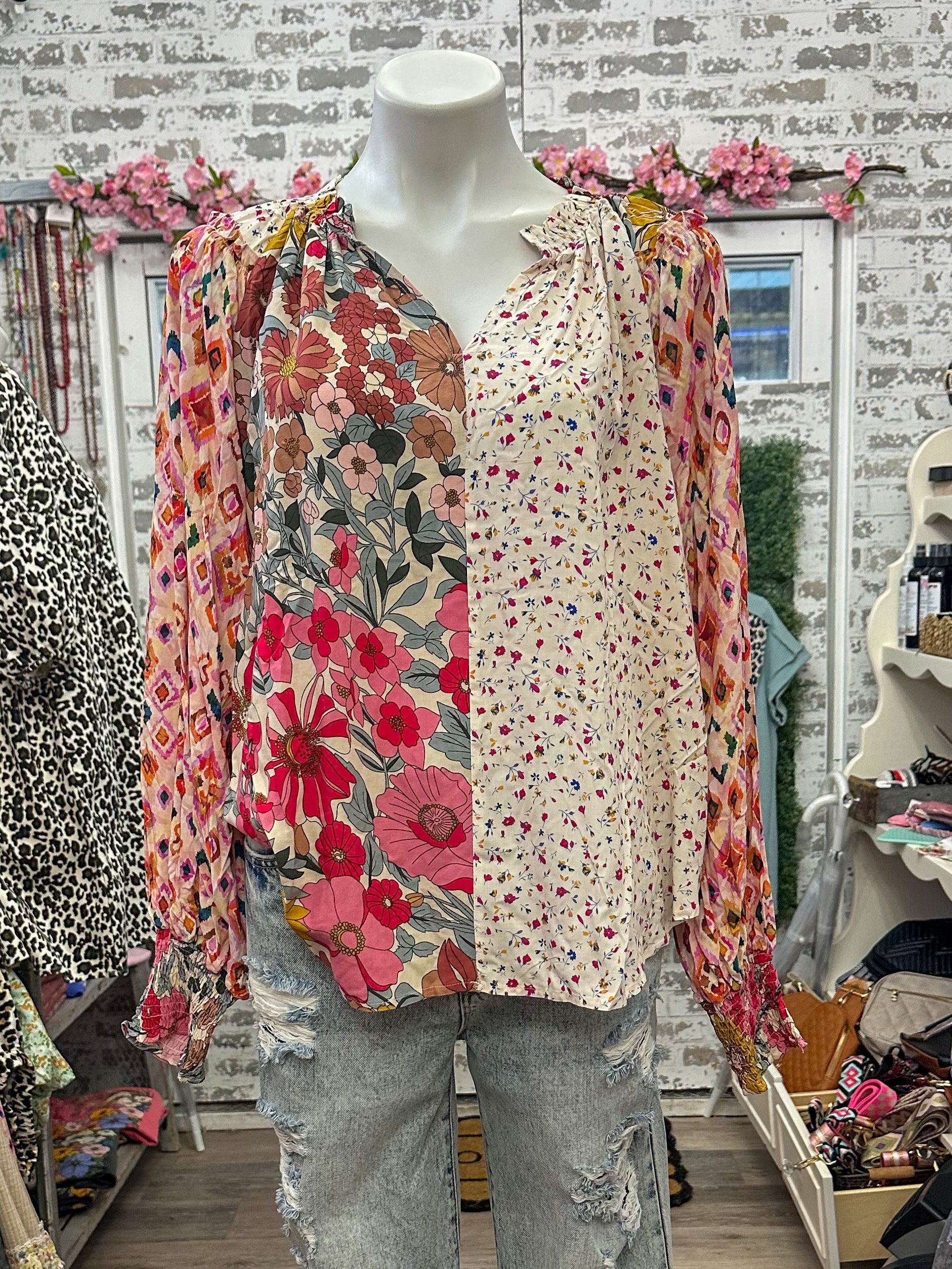 Bibi floral mix print peasant top
