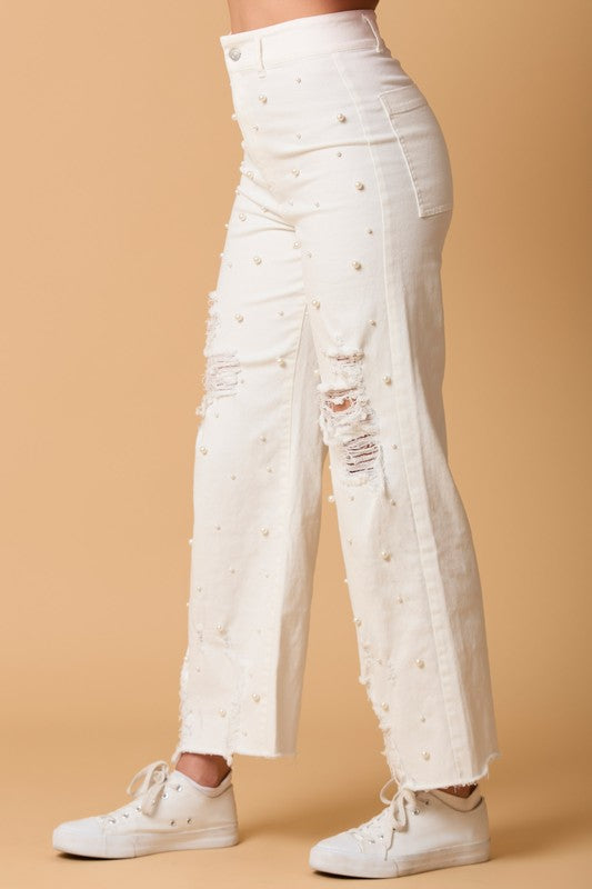 White pearl straight leg jeans
