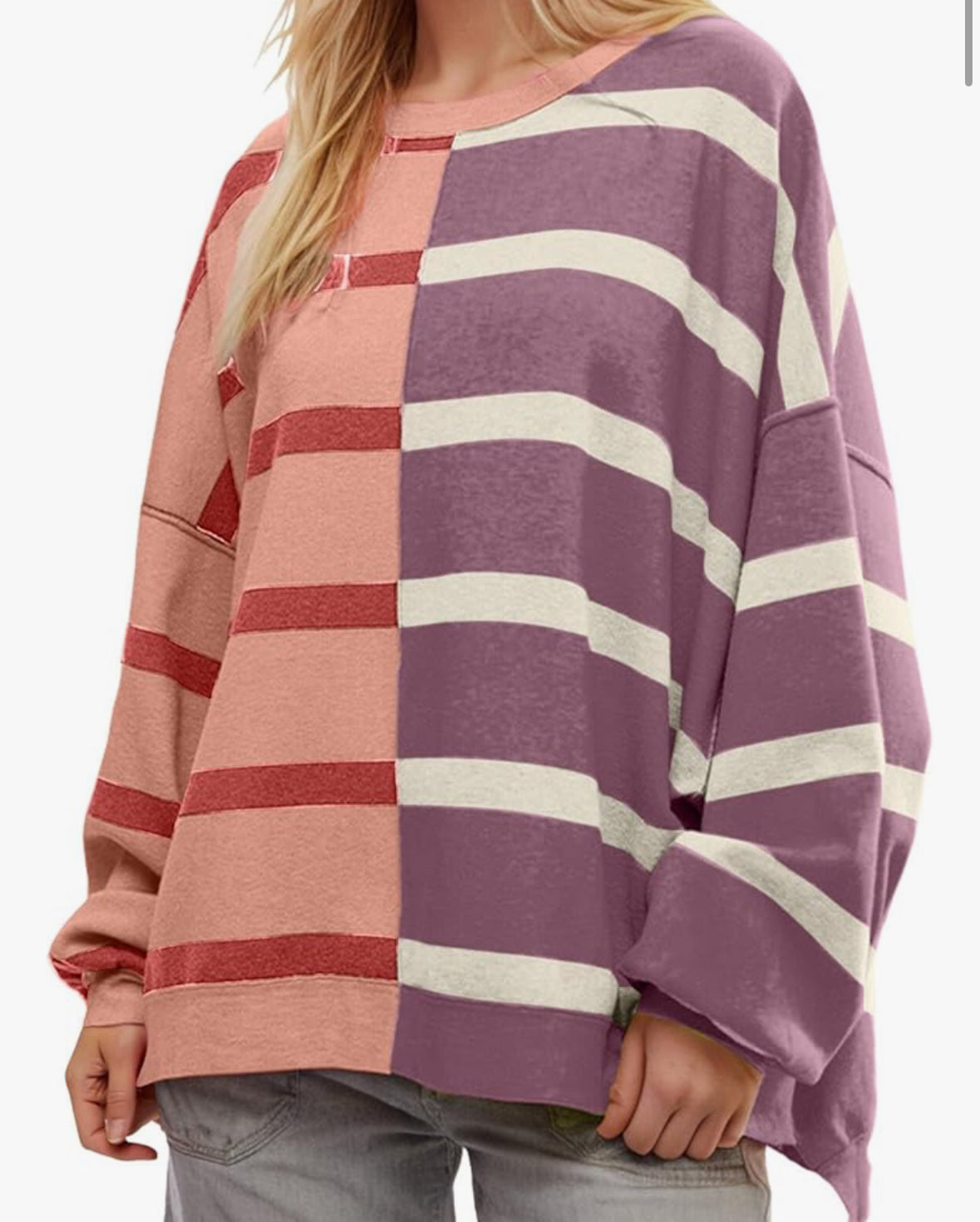 Pink and purple spring striped balloon sleeve sweater