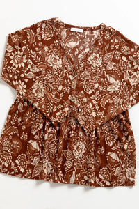 Bibi ribbed brown floral peplum top